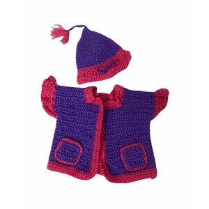 Hand Crocheted Girl's Top with Matching Hat Purple Infant Baby Size 0-3 Month's